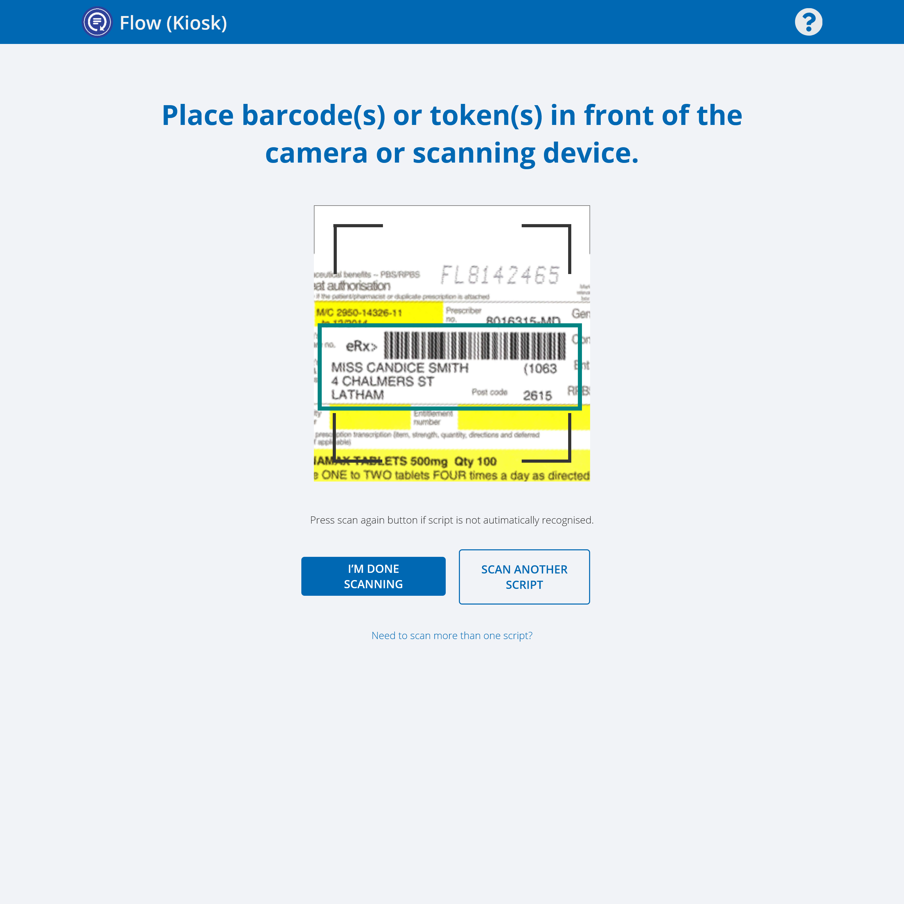 Kiosk scan confirmation screen