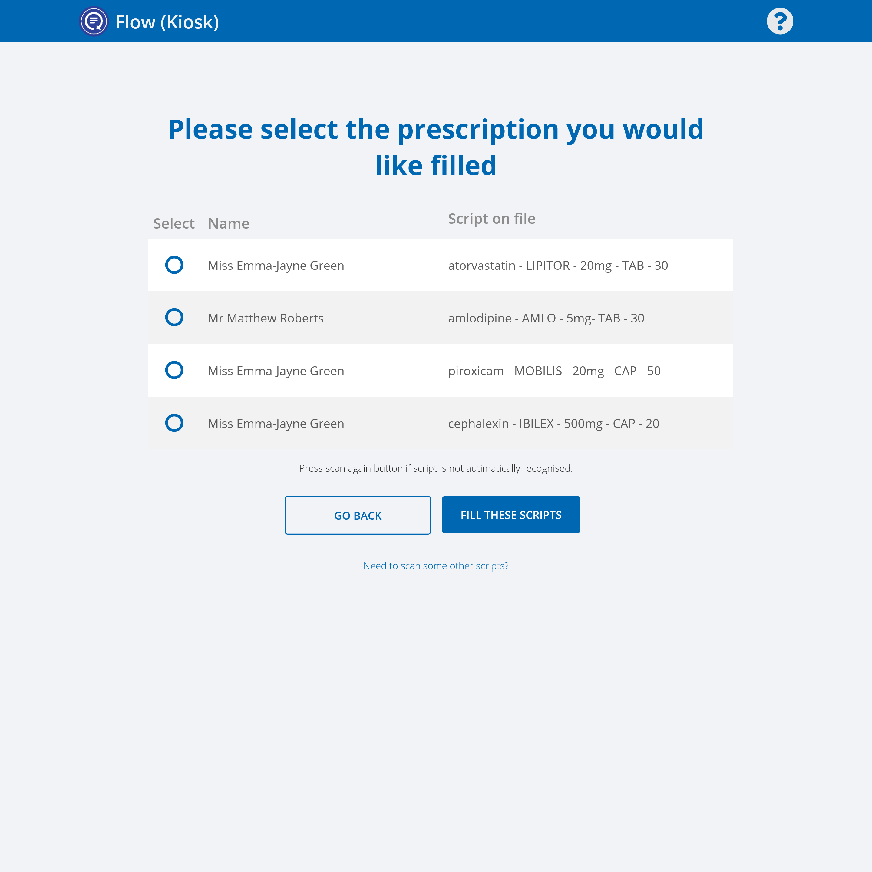 Kiosk concept selection screen